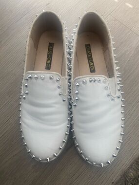 Chase + Chloe White Leather Stud-Trim Slip Ons
